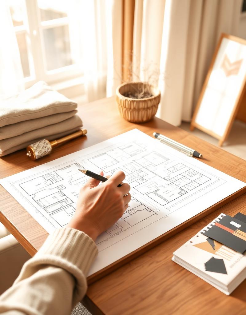 Interior designer sketching floor plans on a wooden desk